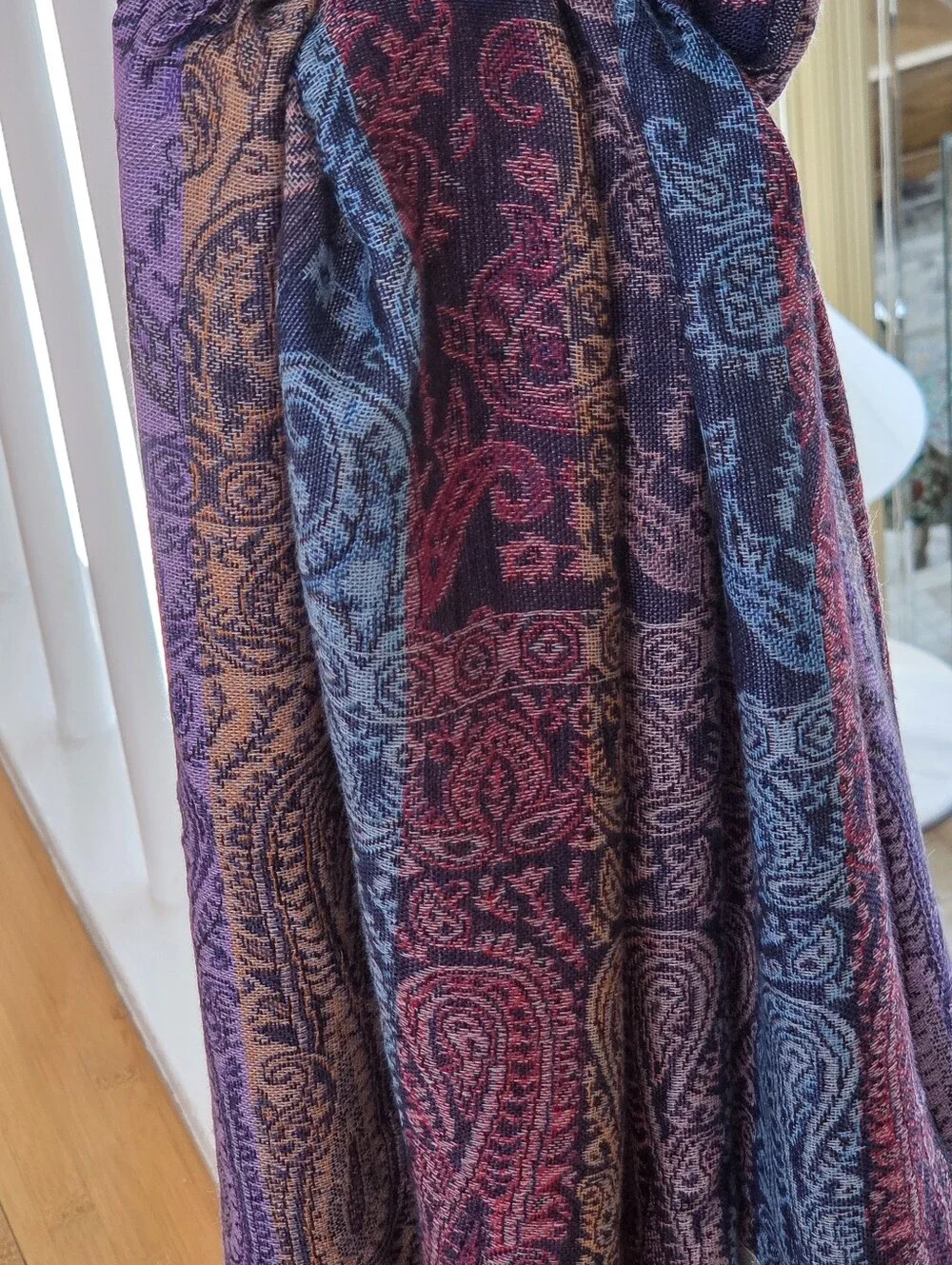 Paisley Pashmina Wrap Purple Blue 70% Pashmina 30% Silk Scarf XL Shawl + Fringe